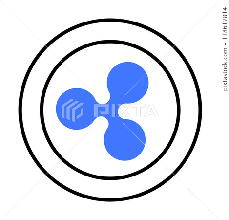 A blue tri-spoked Ripple cryptocurrency logo is centered within two black concentric circles. Ideal for cryptocurrency, finance, blockchain, digital money, virtual currencies, clean design. Minimalist A blue tri-spoked Ripple cryptocurrency logo is centered within two black concentric circles. Ideal for cryptocurrency, finance, blockchain, digital money, virtual currencies, clean design. Minimalist 118617814