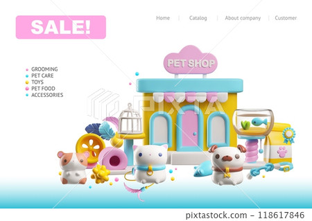 Online pet store template - 3D cartoon vector banner for buying and selling online. Online pet store template - 3D cartoon vector banner for buying and selling online. 118617846
