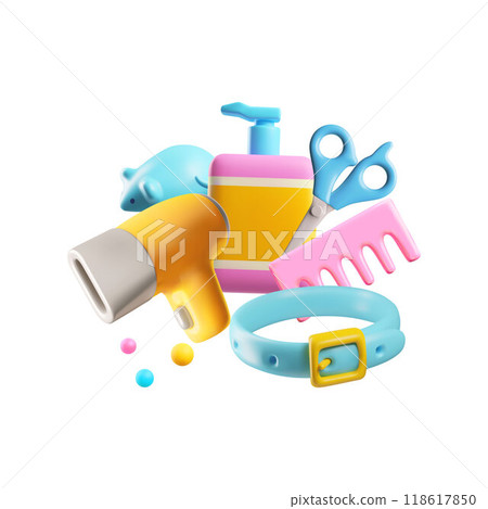 3D vector set of grooming accessories for cats and dogs. 118617850