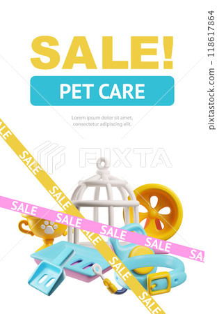 Sale of 3D pet accessories in a cute vector brochure. Sale of 3D pet accessories in a cute vector brochure. 118617864