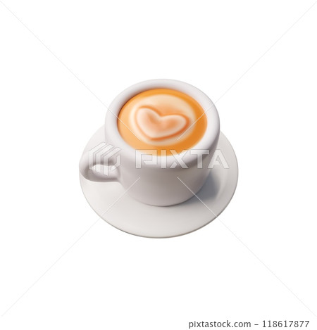 Cup with coffee on a saucer 3D cartoon vector icon, realistic cappuccino with heart shape milk foam, latte drink cream 118617877