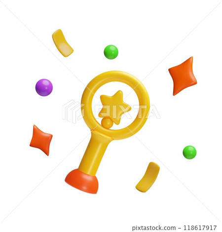 Award trophy with gold star shaped prize statue with multicolored confetti, balls, stars, vector champion glory, winner 118617917