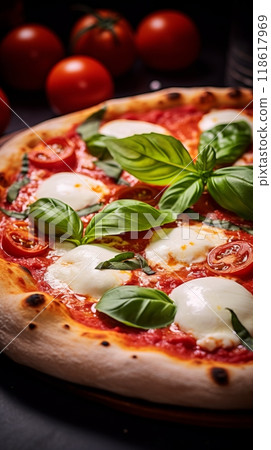 Neapolitan pizza close-up, delicious fresh pizza on a wooden table 118617969