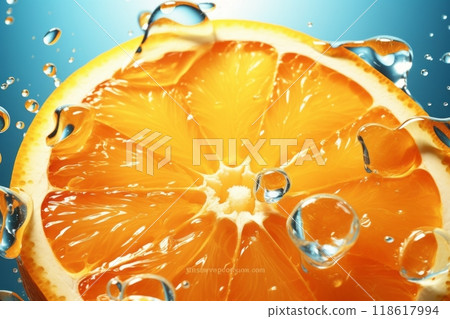Orange slices in a splash of water and orange juice on a light background 118617994