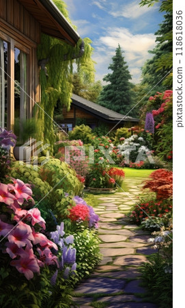 Beautiful summer garden with flowers, bushes and stone path to the house, summer vacation 118618036