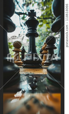 Chess game, chess piece queen close-up on a chessboard Chess game, chess piece queen close-up on a chessboard 118618066