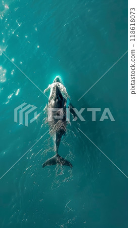 A lonely whale surfs the waves of the ocean, a whale swims underwater in the ocean 118618073