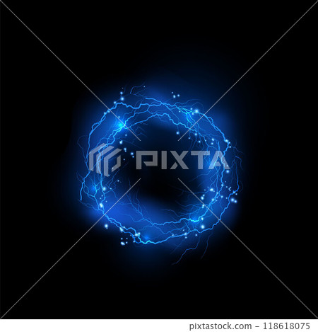 Vector illustration with circle of lightning and glowing particles on black isolated background. 118618075