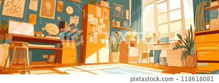 Illustration Boy's room, room for a little boy with toys, bed and table, banner 118618081
