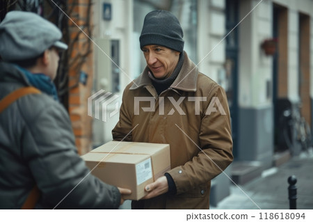 Delivery of goods and parcels, the delivery man hands over a cardboard box to the customer 118618094