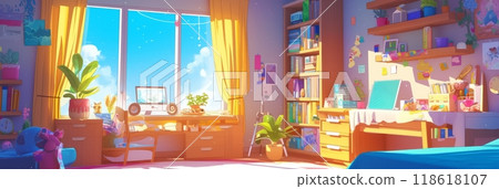 Illustration of a girl's room, a room for a little girl with toys, a bed and a table 118618107