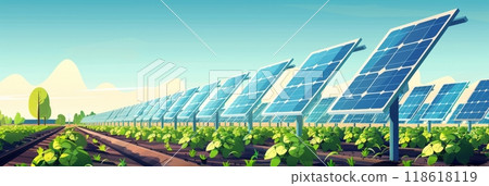 Growing fresh vegetables and fruits next to fields with solar panels, eco generation, illustration banner 118618119
