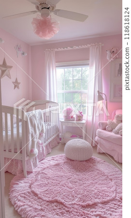 Girl's room, room for a little girl with toys, bed and table in pink colors 118618124