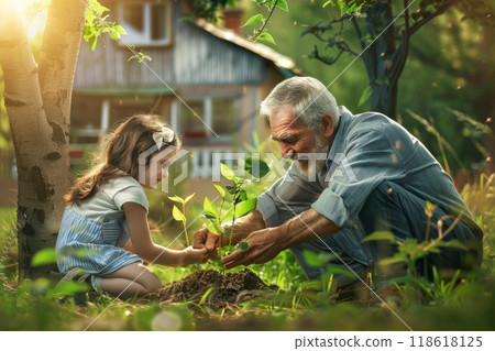 Grandfather with his little granddaughter planting a sprout of a green tree, sharing experience and caring with the younger generation 118618125