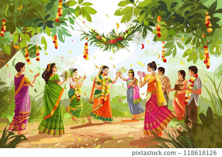 Illustration of happy people celebrating Ugadi festival, New Year's Day according to the Hindu calendar and is celebrated by Telugus and Kannadigas 118618126