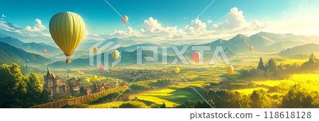 Top view of green landscape and mountain valleys and town and colorful balloons flying in the sky, banner illustration 118618128