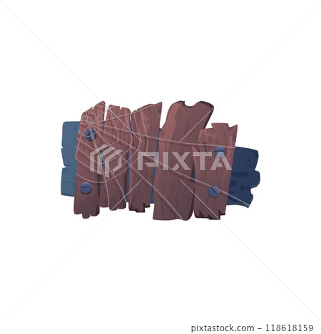 Graphic of an old wooden signboard made of blue and brown wooden planks with nails and spider webs. Graphic of an old wooden signboard made of blue and brown wooden planks with nails and spider webs. 118618159