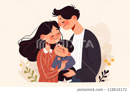 Illustration of happy mom and dad holding baby's hands while playing and having fun with him, happy childhood Illustration of happy mom and dad holding baby's hands while playing and having fun with him, happy childhood 118618172
