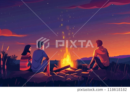 Illustration of a group of happy people are sharing smiles around a campfire, enjoying the leisure of travel. The sky is clear, adding to the fun atmosphere of this recreation event in the beautiful 118618182