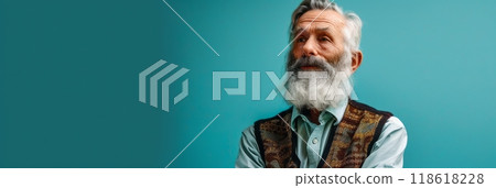 Fashionable stylish modern senior man in a shirt and vest against a blue wall, studio shot, banner Fashionable stylish modern senior man in a shirt and vest against a blue wall, studio shot, banner 118618228