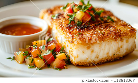 Crispy Coconut Crusted Mahi Mahi Plated Dish 118618367