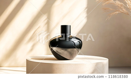 Sleek Black Perfume Bottle on Minimalist Podium Sleek Black Perfume Bottle on Minimalist Podium 118618380