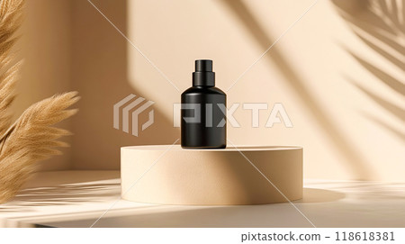 Sleek Black Perfume Bottle on Minimalist Podium Sleek Black Perfume Bottle on Minimalist Podium 118618381