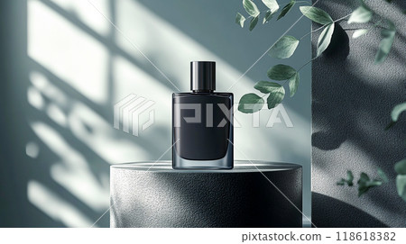 Sleek Black Perfume Bottle on Minimalist Podium Sleek Black Perfume Bottle on Minimalist Podium 118618382