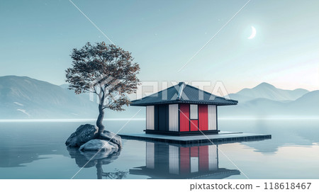 Peaceful Zen garden with modern waterfront pavilion 118618467