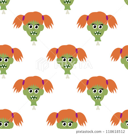 Seamless pattern with Zombie girl head on bone. Halloween Cartoon Flat Vector illustration. 118618512