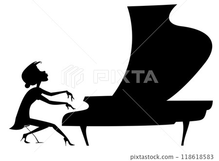 Woman plays piano and sings. Young woman playing music on piano and singing. Black and white illustration 118618583