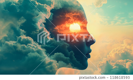 Silhouette of a human face blending with soft clouds and the setting sun Silhouette of a human face blending with soft clouds and the setting sun 118618593