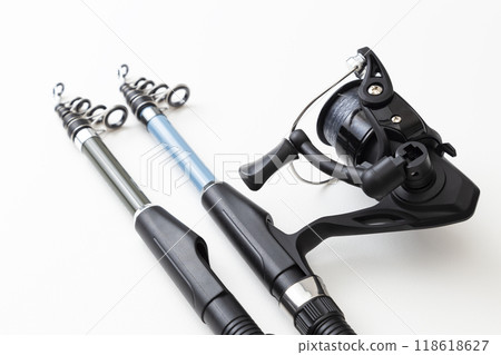 Fishing rod and reel on white background 118618627