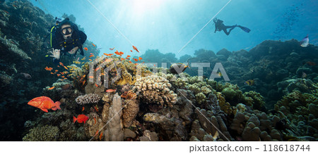 Scuba Diver Swimming in Deep Sea with Sunrays and Beautiful Coral Reef with Colorful Fishes 118618744