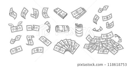 Doodle banknotes. Money bills stacks, falling finances and flying cash. Roll, fan and pile of dollar bills. Hand drawn currency notes vector illustration set 118618753