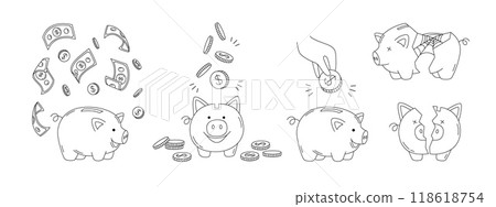 Doodle piggy bank. Money saving or accumulation, savings pig with falling dollar bills and coins. Happy wealthy and sad broken piggy banks hand drawn vector illustrations set 118618754