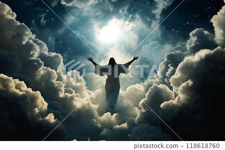 A powerful and ethereal scene depicting the ascension of the Christ figure, surrounded by a dramatic heavenly backdrop of glowing clouds and stars 118618760