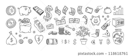 Doodle money. Banknotes and coins, money bag, credit card, piggy bank and currency symbols. Hand drawn financial savings, cashback and banking icons vector set 118618761