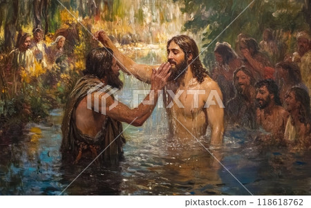 A serene scene in a lush forest river, with followers gathered to witness the sacred ritual, embodying spiritual renewal and divine connection. John the Baptist baptizing Jesus in the Jordan River A serene scene in a lush forest river, with followers gathered to witness the sacred ritual, embodying spiritual renewal and divine connection. John the Baptist baptizing Jesus in the Jordan River 118618762