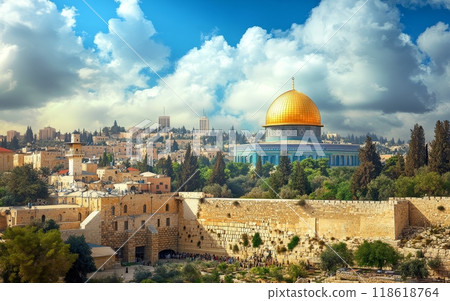 Stunning view of Jerusalem's Old City with the golden Dome of the Rock dominating the landscape, surrounded by ancient architecture and modern buildings Stunning view of Jerusalem's Old City with the golden Dome of the Rock dominating the landscape, surrounded by ancient architecture and modern buildings 118618764