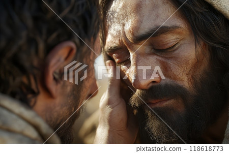 Jesus Christ gently touches the eyes of a man, illustrating the biblical miracle of healing the blind, captured in intimate detail with warm lighting 118618773