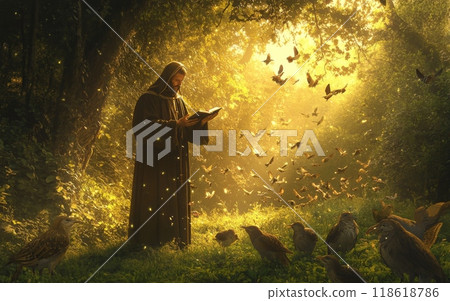Saint Francis of Assisi, illuminated by golden sunbeams, reads from a sacred text to a gathering of birds in a mystical forest setting, embodying his legendary communion with nature 118618786