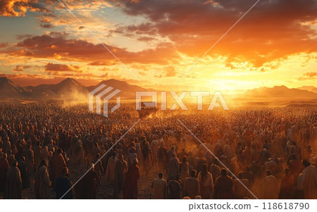 Countless figures march across a barren desert plain under a vivid, illuminated sky, departing from a distant city as part of a historic biblical event. The Exodus Israelites from Egypt Countless figures march across a barren desert plain under a vivid, illuminated sky, departing from a distant city as part of a historic biblical event. The Exodus Israelites from Egypt 118618790