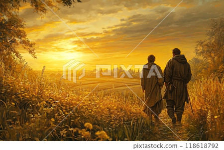 Two figures in robes stand atop a hill, overlooking a vast golden landscape with distant town silhouettes, framed by autumn trees at sunset 118618792