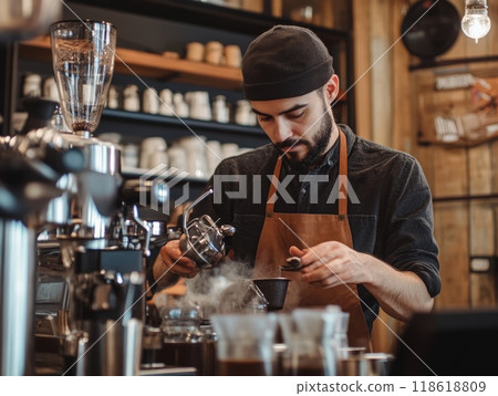 A skilled barista brews coffee using a modern espresso machine in a cozy cafe setting A skilled barista brews coffee using a modern espresso machine in a cozy cafe setting 118618809