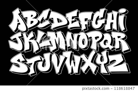 Street art font. Urban graffiti alphabet, edgy and modern hand drawn typography, outlined capital letters with 3D shadow for hip hop street culture inspired lettering design vector set 118618847