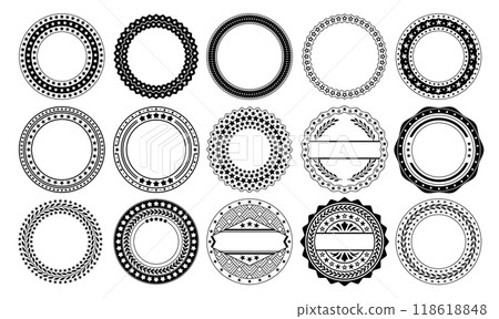 Star circle badge. Emblem templates with circular stars patterns and laurel wreaths. Seal stamp starry frames, premium badges and round vintage borders vector set Star circle badge. Emblem templates with circular stars patterns and laurel wreaths. Seal stamp starry frames, premium badges and round vintage borders vector set 118618848