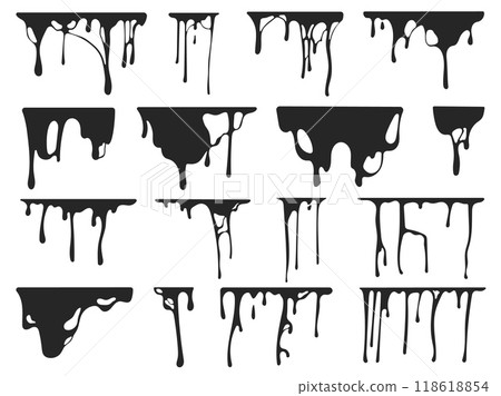 Dripping oil stain. Sticky liquid drips and splashes, slime leak silhouette and paint flow streams and drops for halloween or horror themed designs. Isolated vector set 118618854
