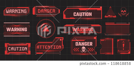 Cyber danger badges. Futuristic warning message, attention alert in digital tech frame and system caution with cyberpunk hud user interface vector UI set 118618858