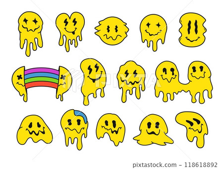 Trippy smile faces. Drippy melted emoji face, funny blob sticker and happy psychedelic facial expressions. Dripping smiles in retro acid rave aesthetic isolated vector illustration set Trippy smile faces. Drippy melted emoji face, funny blob sticker and happy psychedelic facial expressions. Dripping smiles in retro acid rave aesthetic isolated vector illustration set 118618892